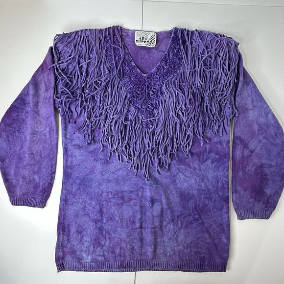 Vtg Art Express Purple Tie Dye Knit Sweater One Size Fringe 80s Statement USA - Picture 10 of 13